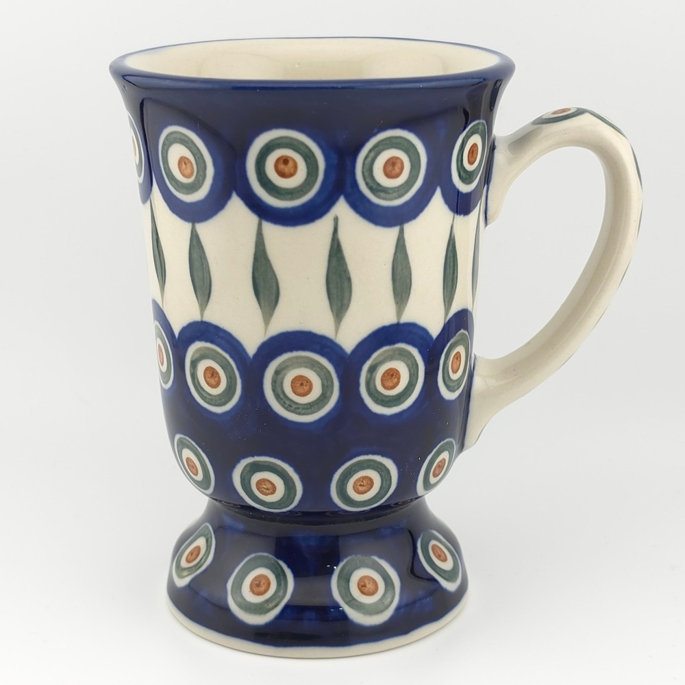 Boleslawiec Polish Pottery Peacock Eye Footed Mug Blue Hand Painted D.D.-484